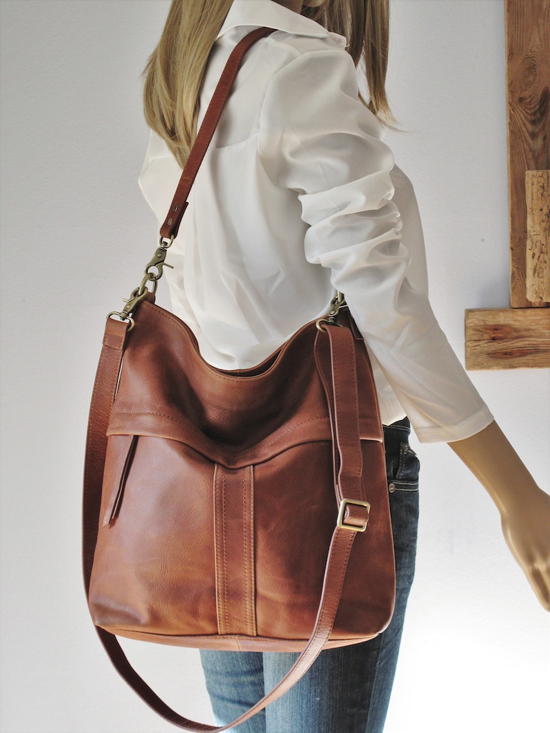 Bruine leren schoudertas, crossbody tas, bruine handtas afbeelding 2