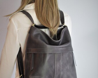 Grey Leather Convertible Backpack: Slouchy Hobo Crossbody  display picture 1