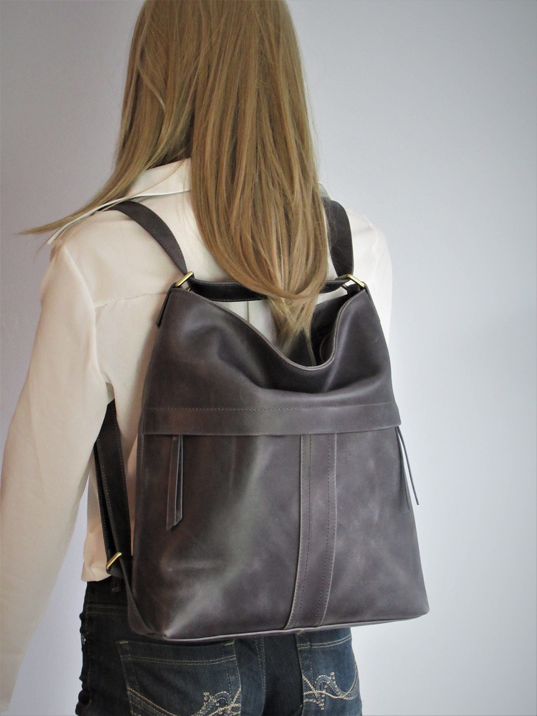 1006 Leather Shoulder Purse Convertible Backpack - Gray Convertible backpack and shoulder – HANDBAG REPUBLIC main image 4