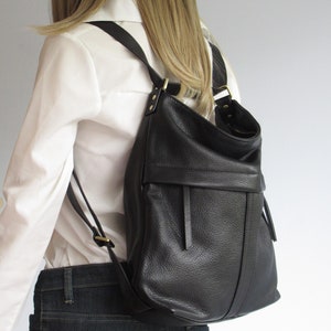 Black backpack, leather convertible shoulder bag with backpack function image 7