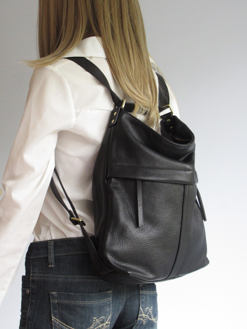 Black backpack, leather convertible shoulder bag with backpack function image 7
