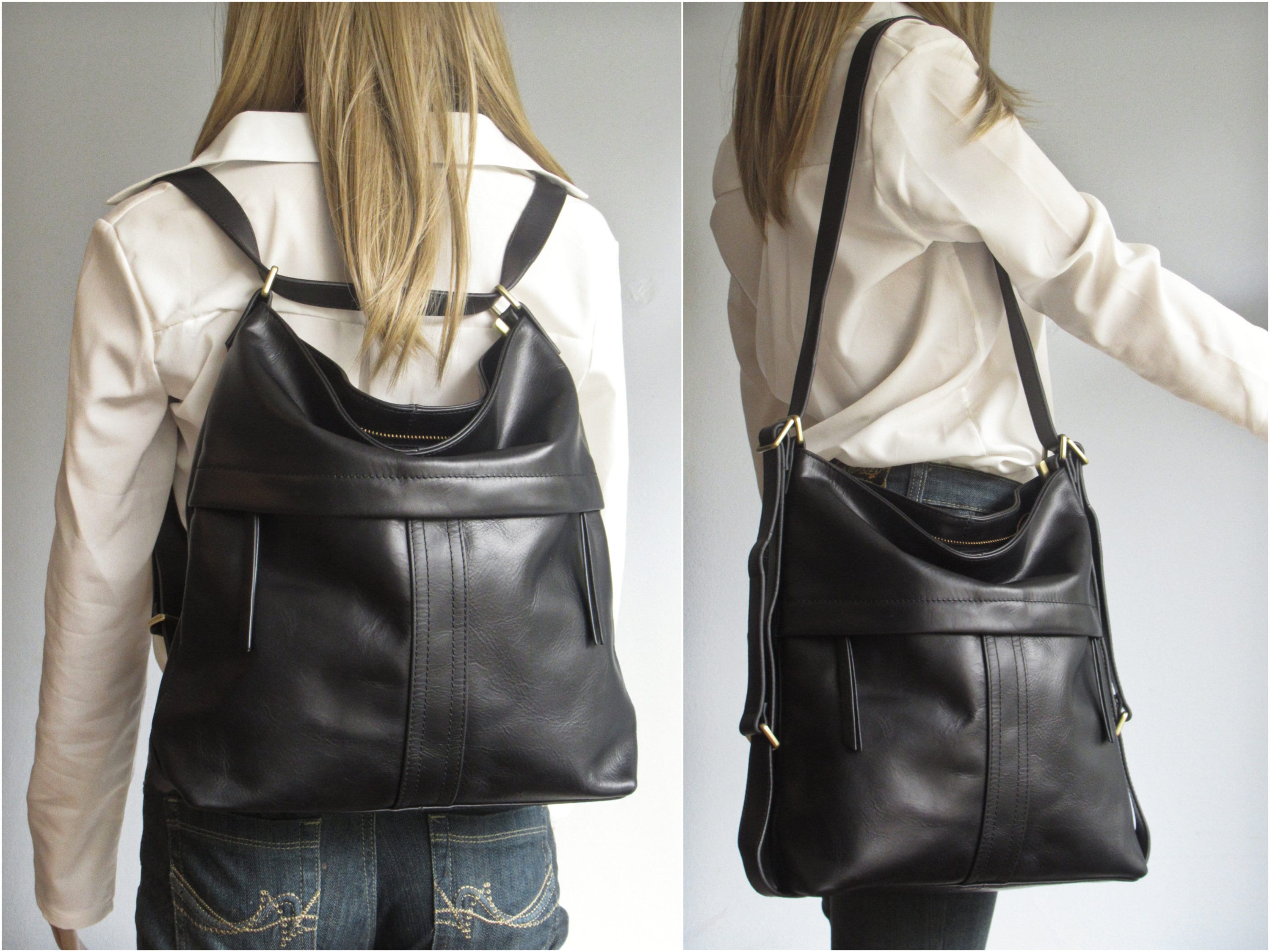 Black leather convertible backpack shoulder bag crossbody Etsy