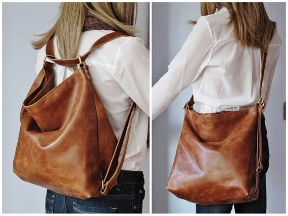 Camel Leather Convertible Backpack, Multifunctional Bag, Diaper Shoulder Bag  