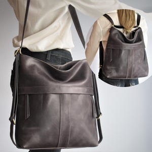 Grey Convertible Leather Backpack – Slouchy Hobo Bag, 3-Way Shoulder or Crossbody Purse, Nappy Diaper Tote
