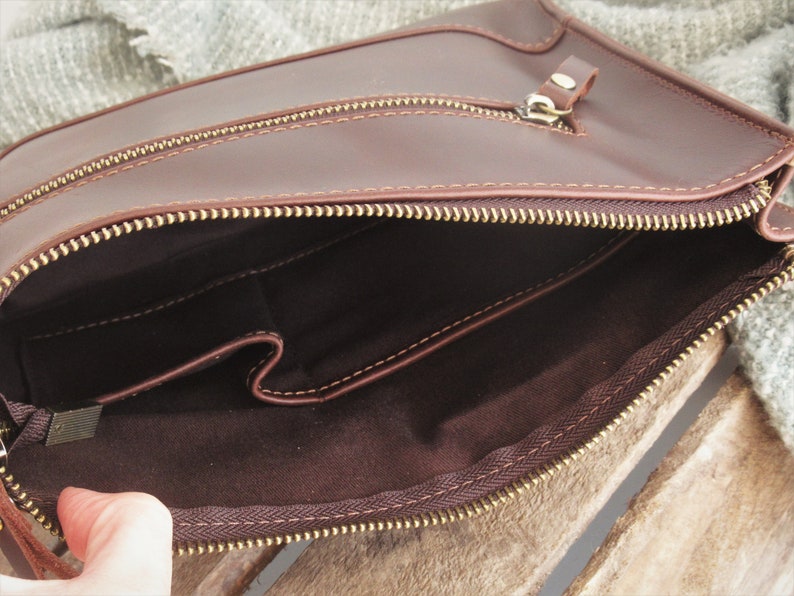 Braune Leder Clutch, Reisetasche, Makeup Tasche, Kosmetik Kulturtasche, Organizer Bild 9