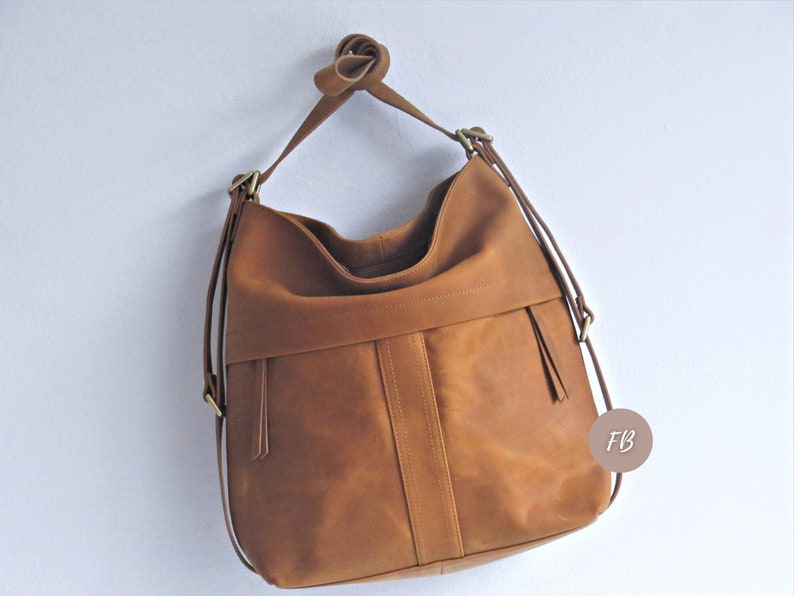 Camel leather convertible backpack, multifunctional bag, diaper shoulder bag image 7