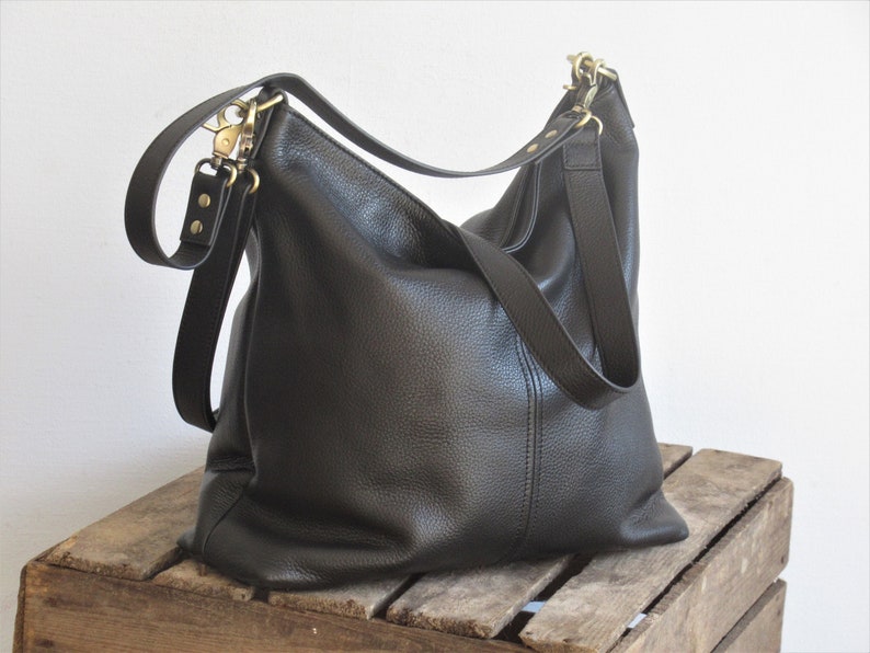 Black leather shoulder bag, small tote, leather hobo purse, zipper top image 2