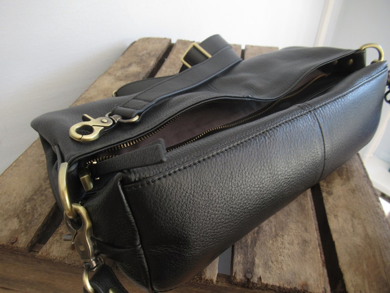 Black leather shoulder bag, small tote, leather hobo purse, zipper top image 6