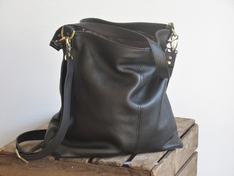 Black leather shoulder bag, small tote, leather hobo purse, zipper top image 6