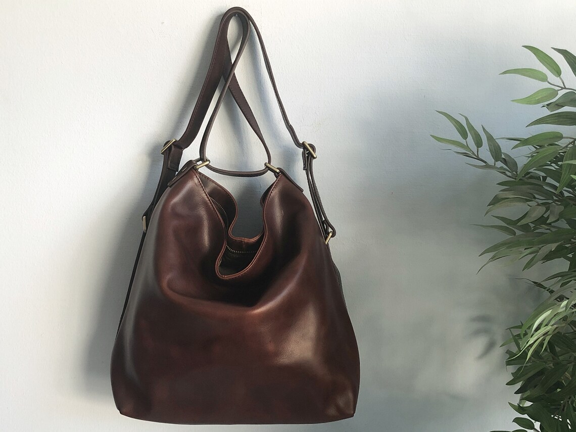 Brown Leather Backpack Convertible Purse Backpack Women Etsy