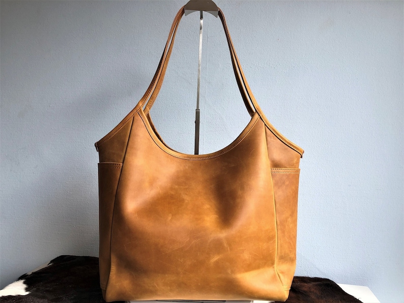 Leather tote bag woman, camel shoulder bag, leather purse image 2