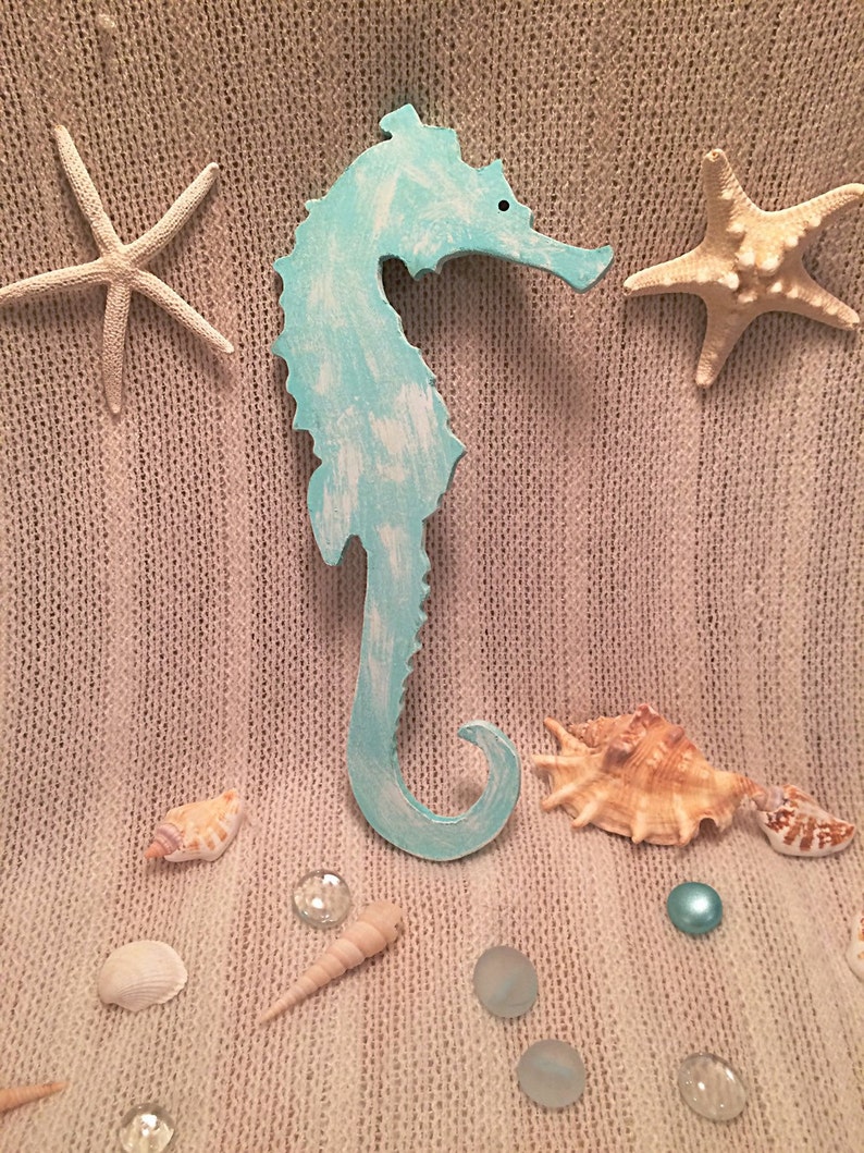 Handpainted Blue Seahorse, Wooden Blue Seahorse Wall Decor, Seahorse