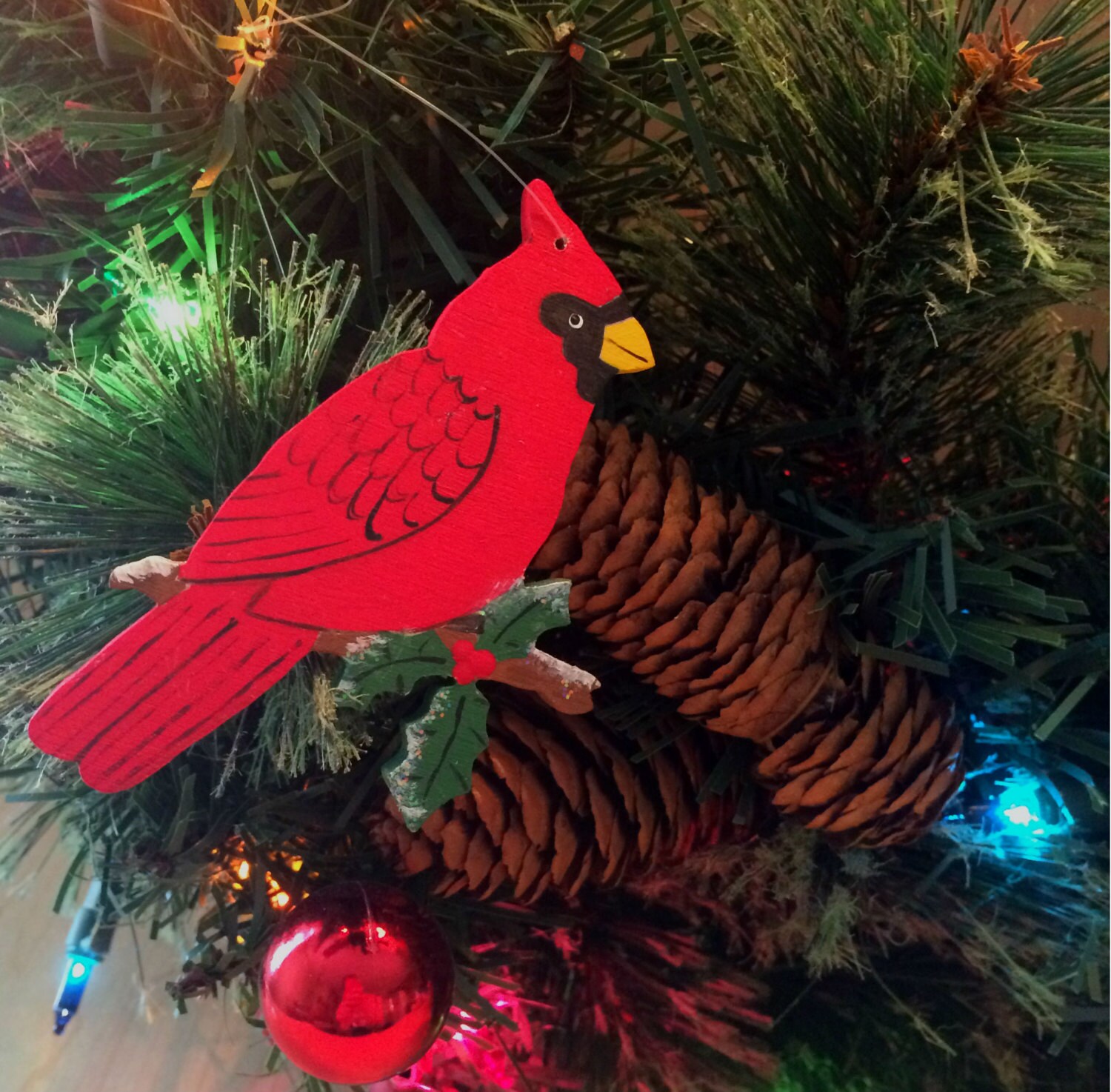 Cardinal Wood Christmas Tree Ornament With Holly Cardinal Wood Christmas Tree Ornament With Holly