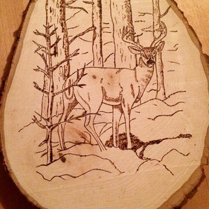 Deer decor, woodburning of deer in the woods on tree stump, outdoor gift, deer hunting, woods, outdoor art