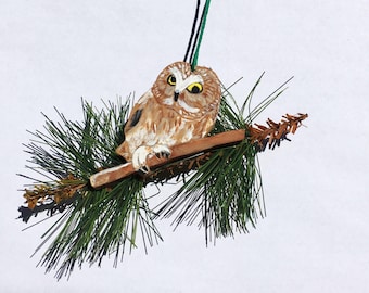 Owl Ornament - Owl in Tree - Bird Ornament - Wooden Bird Ornament