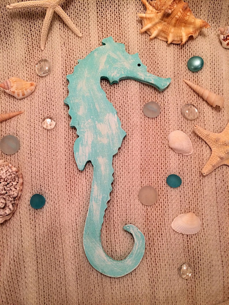 Handpainted Blue Seahorse, Wooden Blue Seahorse Wall Decor, Seahorse