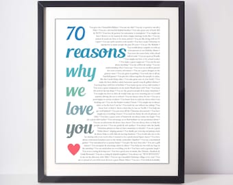 70 Reasons we love you; 70 things we love about you; PERFECT BIRTHDAY GIFT; customizable for any age