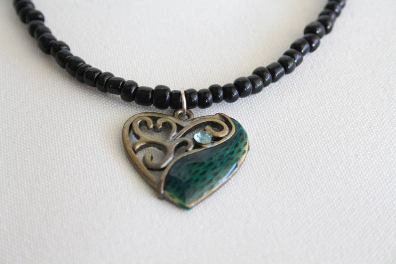 Green Heart Necklace Enamel Pendant Metal Filigree Heart Etsy Australia