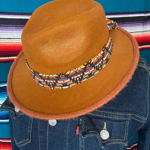 Brown Felt Fedora Hat, size Medium, with cotton band/ Aztec pattern.