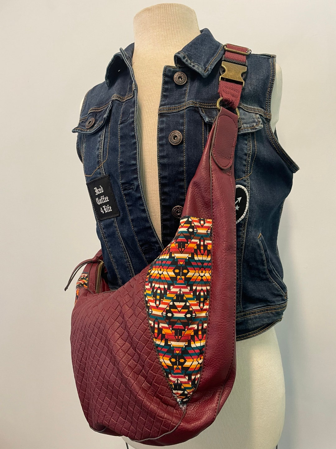 Faux Leather Burgundy Sling Bag, Crossbody Bag, With Aztec Prints in