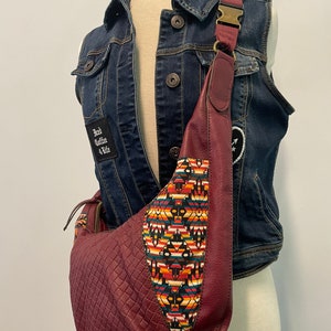 Faux Leather Burgundy Sling Bag, Crossbody Bag, with Aztec prints in the panels