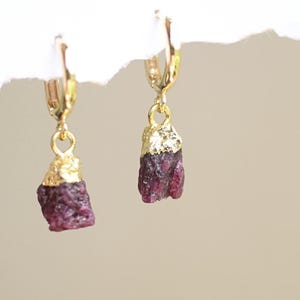 May include: A pair of gold-colored hoop earrings, each featuring a raw, dark pink gemstone. The gemstones are partially capped with gold. The earrings are displayed against a neutral background.
