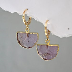 14k Gold Amethyst Crystal Earrings, Huggie Hoop Charm Earrings, February Birthstone Jewelry, Small Hoop Circle Earrings, Gift Set for Her