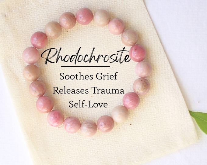 Rhodochrosite Beaded Bracelet Energy Crystal Jewelry for Anxiety 6mm Layering Mala Natural Stone Bracelet Calm Soothing Yoga Jewelry