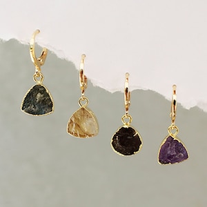 14k Gold Huggie Hoop Earrings, Labradorite Citrine Smoky Quartz Amethyst Huggies, Hoop Gemstone Crystal Earrings, Gift Ready Personalized