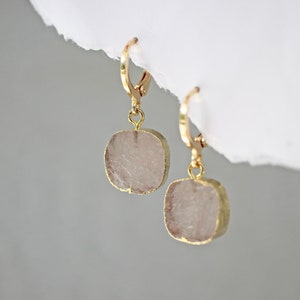 14k Gold Rose Quartz Earrings, Huggie Hoop Earrings, January Birthstone Birthday Gift, Birthstone Huggies, Thick Gold Crystal Hoop Charms
