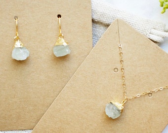 Conjunto de dos joyas de aguamarina en oro de 14 k: aretes de aguamarina, collar de aguamarina, piedra de nacimiento de marzo, joyas de aguamarina, paquete de regalo.