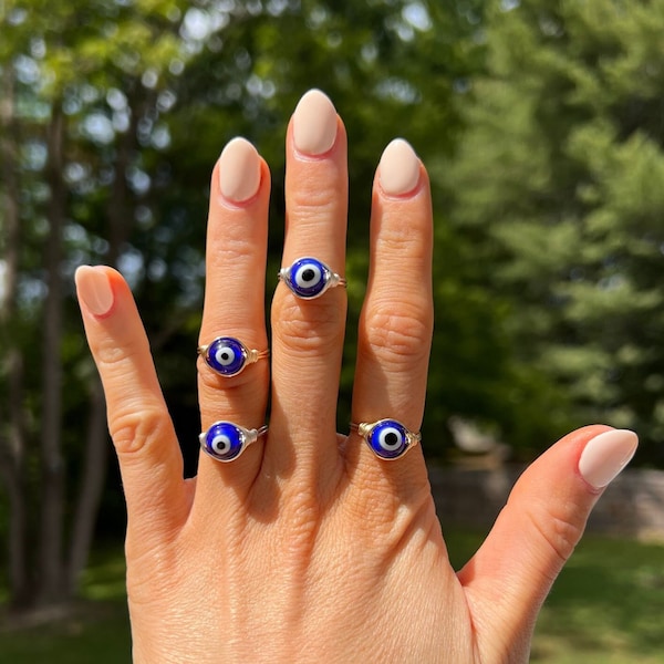 Evil Eye Ring Gold Silver Ring Wire Wrapped Jewelry Stone Crystal Gemstone Ring Ready to Gift Birthday Gift Positive Energy Christmas Gift