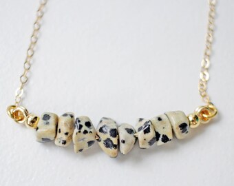 14k Gold DALMATIAN JASPER Bar Necklace, Raw Crystal Stone Jewelry, Inspirational Self Care Gift Box, Chips Nuggets Statement Necklace, Boho