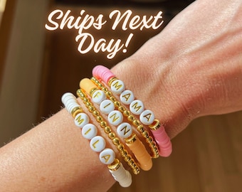 Name Bracelet, Personalized Jewelry, 14K Gold Custom Bracelet, Heishi Kids Name Bracelet, Mama Gift for Mom, Word Friendship Bracelet, Gift