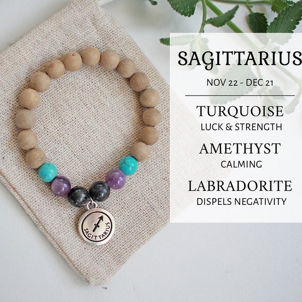 Sagittarius Zodiac Bracelet, Star Sign Family Jewelry, Self Love Energy, Crystal Birthstone Charm, Beaded Tag Bracelet, Custom Personalized