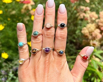 Wire Wrapped Rings, Crystal Gemstone Stacking Ring, Moonstone Jade Amethist Ring, Sierlijke Minimale Zilveren Gouden Ring, Cadeau Idee voor vrouwen, 6mm
