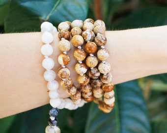 Joyas, collares, mala, cuentas de mala, collar de mala, pulsera de mala, piedra lunar, dije de cuenta de mala, accesorios de yoga, regalo de joyería de yoga, jaspe