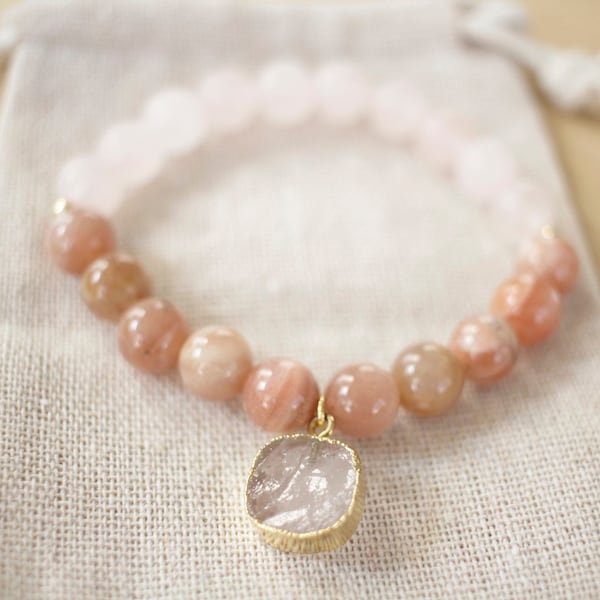 Beaded Bracelet for Women Sunstone Rose Quartz Jewelry Mala Stone Bracelet Stretch Yoga Jewelry Gift Unique Best Gift for Her Charm Bracelet