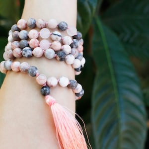 Mala Beads, Mala, Prayer Beads, Knotted Mala, Yoga Gift For Her, Yoga, Pink Zebra Jasper, Rose Quartz, Pink Necklace, 108 Mala, Tassel Mala