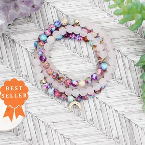 Wrap Mala - Rose Quartz - Mala Bead - Prayer Beads - 108 Mala Beads - Wrist Mala - Moon - Gift For Her - Gift for Girls - Yoga Gift - Calm