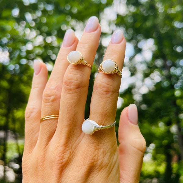 Moonstone Rings, Moonstone Jewelry, Crystal Gemstone Beaded Ring, Birthstone Jewelry, Birthday Gift, Handmade Minimalist Simple Ring, Boho
