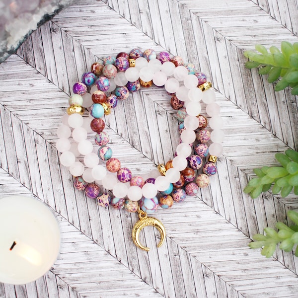 Mala Wrap Bracelet - Jasper - Gold Charm - 108 Mala -  Rose Quartz - Buddhist Bracelet - Boho Bracelet - Bracelet Gift - Hippie Bracelet