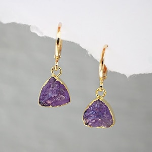 14k Gold Amethyst Crystal Earrings, Huggie Hoop Charm Earrings, February Birthstone Jewelry, Small Hoop Circle Earrings, Gift Set for Her