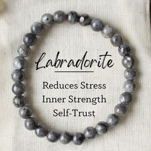 May include: A gray Labradorite gemstone bracelet on a white fabric pouch. The pouch has the text "Labradorite", "Reduces Stress", "Inner Strength", and "Self-Trust" printed on it.
