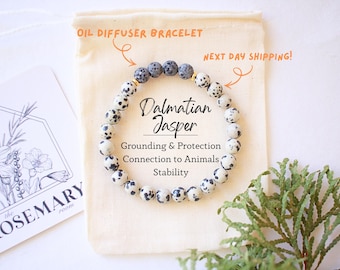 Diffuser Bracelet, Essential Oil Bracelet, Lava Bead Bracelet, Crystal Jewelry, Aromatherapy, Holistic, Gift For Her, Dalmatian Jasper