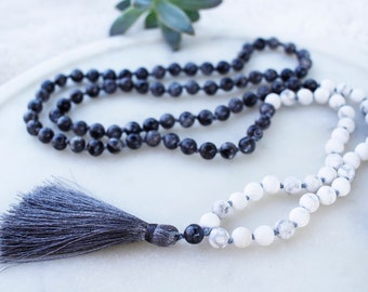 Jewelry/Necklaces/Prayer Beads/Mala/108 Knotted Mala Beads/Crystal Healing Mala/Hand Knotted/Labradorite/Howlite/Tassel Jewelry/Mens Mala