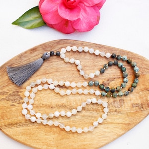 Jewelry / Necklaces / African Turquoise / Moonstone / Mala Beads / Mala / Mala Necklace / Yoga Jewelry / Prayer Beads / Tassel Necklace /108