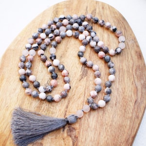 Crystal Necklace, Pink Zebra Jasper, Rose Quartz, Layering Necklace, Charm Necklace, Yoga Necklace, Mala Beads, 108 Mala Beads, Knotted Mala