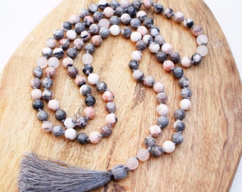 Crystal Necklace, Pink Zebra Jasper, Rose Quartz, Layering Necklace, Charm Necklace, Yoga Necklace, Mala Beads, 108 Mala Beads, Knotted Mala