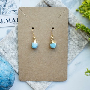 Puede incluir: Un par de pendientes de piedra azul claro con detalles dorados. Los pendientes se muestran en una tarjeta marr&oacute;n.